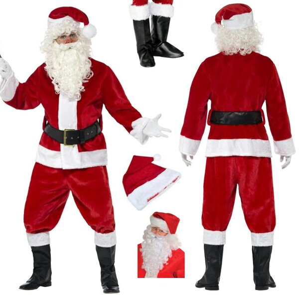 Shatchi Standard Size Premium Regal Plush Santa Costume Set with Faux Fur Trim and Accessories
