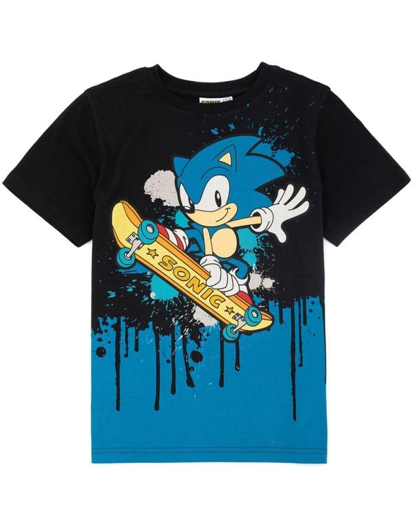 Sonic the Hedgehog Boys Black Skater Sonic Placement Print Short Sleeved T-Shirt
