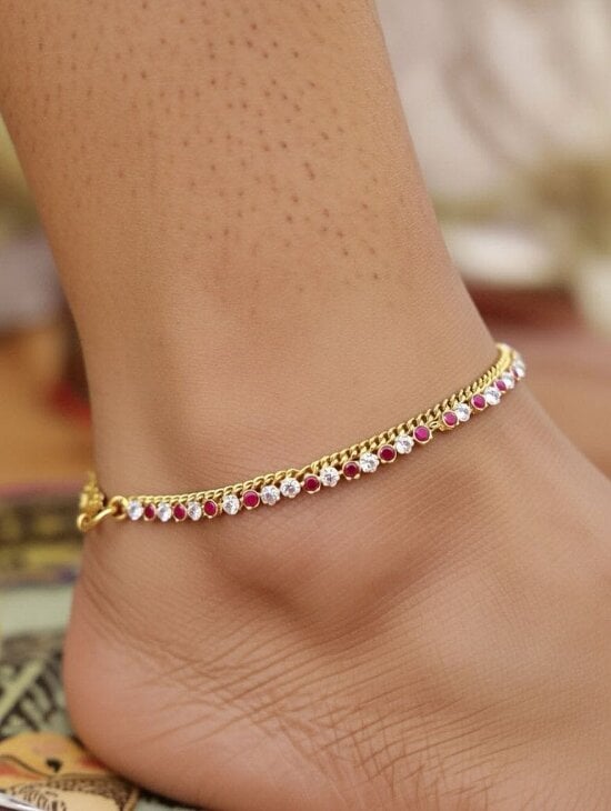 The Colourful Aura Gold Plated Red & Crystal Stone Chain Payal Anklet