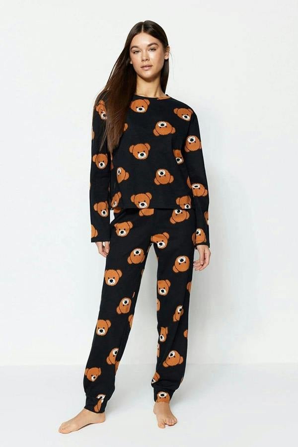 Hoxton Gal 100% Cotton Knitted Pajama Set with Teddy Bear Print
