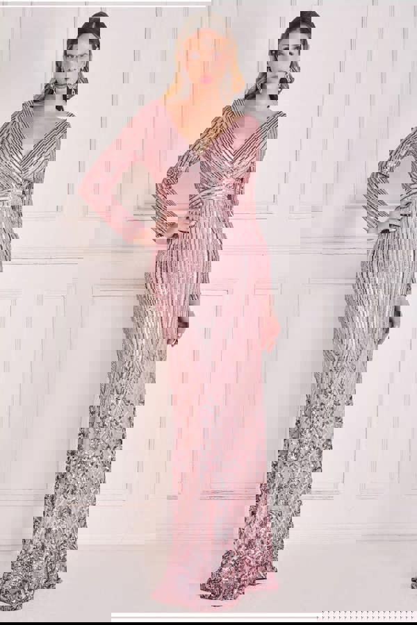 Long Sleeve Sequin V Wrap Maxi Dress - Blush DR3485
