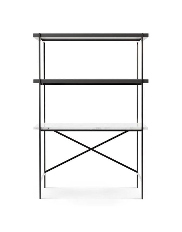 Adriana desk & bookshelf, with grey wood shelves, white marble desk top on a dark chrome frame by Gillmore British Design © GillmoreSPACE Ltd