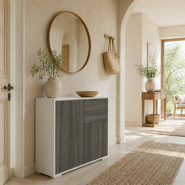 Wyld Haus Luel High Gloss White and Grey Wood Effect Compact Sideboard With Push Open Drawer and 2 Doors