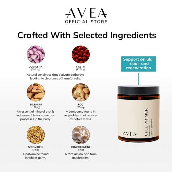 AVEA Cell Primer (60 Capsules) - Repair Oxidative Stress, Improve Metabolism & Support Immunity - With Quercetin, Selenium & Wheat Germ Extract - Vegan