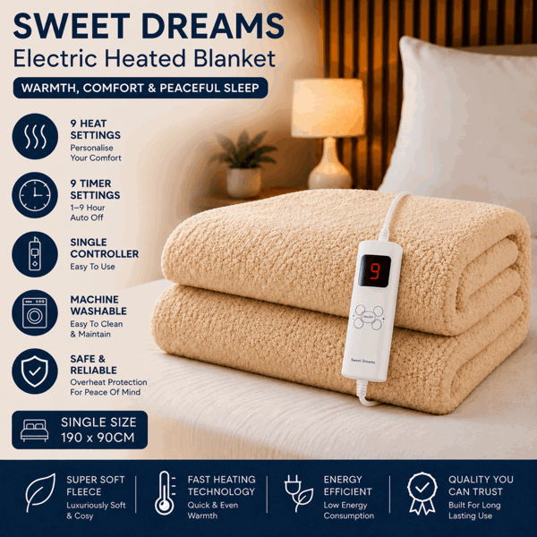 Sweet Dreams Single Size Electric Heated Blanket Mattress Soft Fleece Throw 9 Heat And 9 Timer Settings Dual Controller Washable