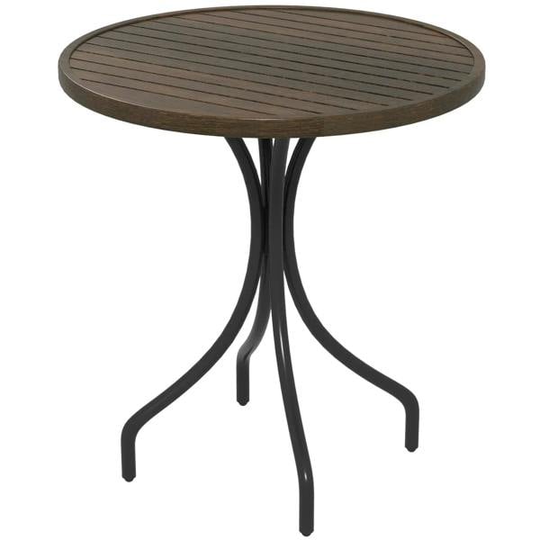 Round brown slatted garden table with black pedestal base and three curved legs.