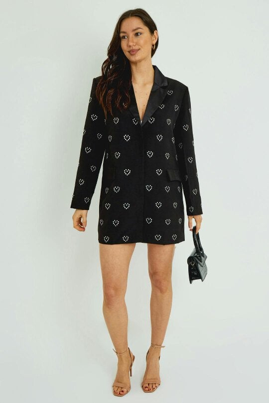 Black Heart Sequin Blazer Dress – Zip Front Structured Mini