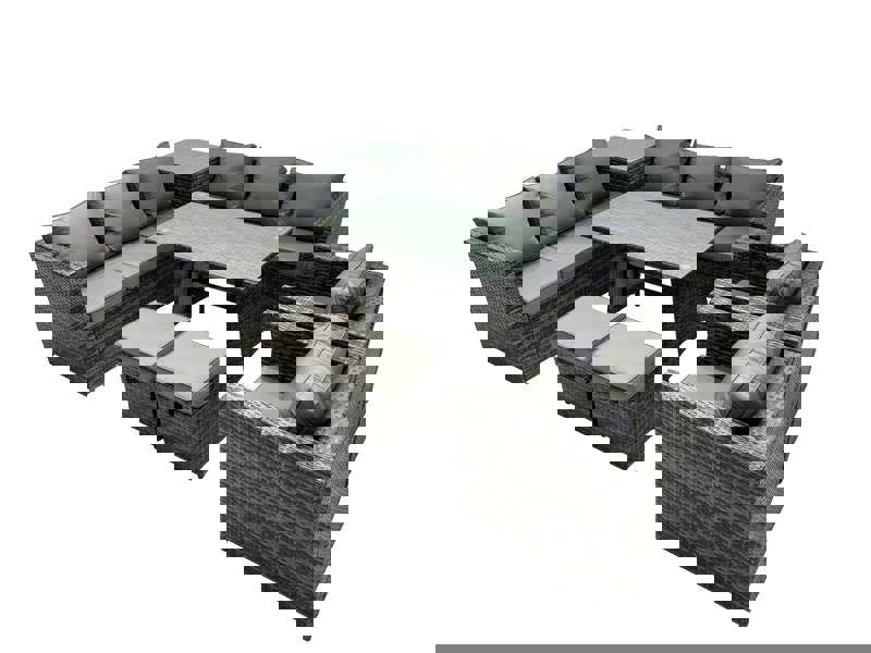 Fimous Outdoor Corner Sofa Chair Dining Table Set Garden Rattan Furniture Set 10 Seater with 2 Small Stool Side Table Dark Grey