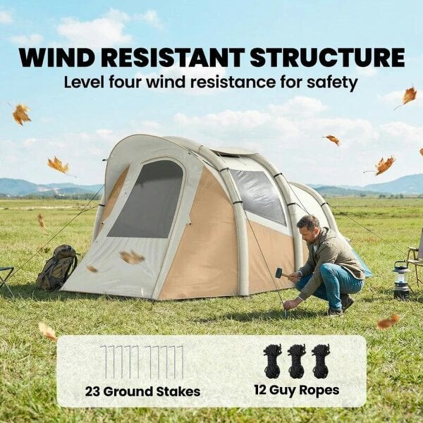 Inflatable Camping Tent w/ Air Pump, Easy Setup 2-3 Person Blow Up Tent, Khaki