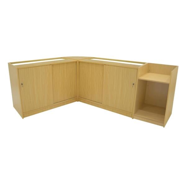 Luna LED Shop Counter Set in maple finish, featuring a sleek corner design with storage cabinets and open shelving for display