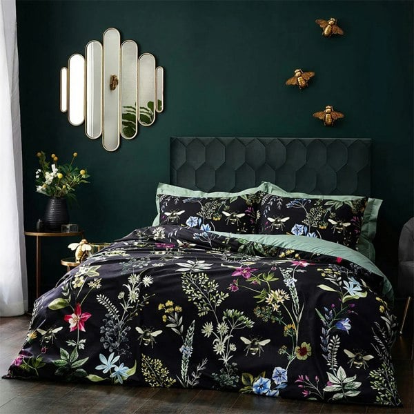 Wylder Midnight Bee Velvet Floral Duvet Cover Set - Black