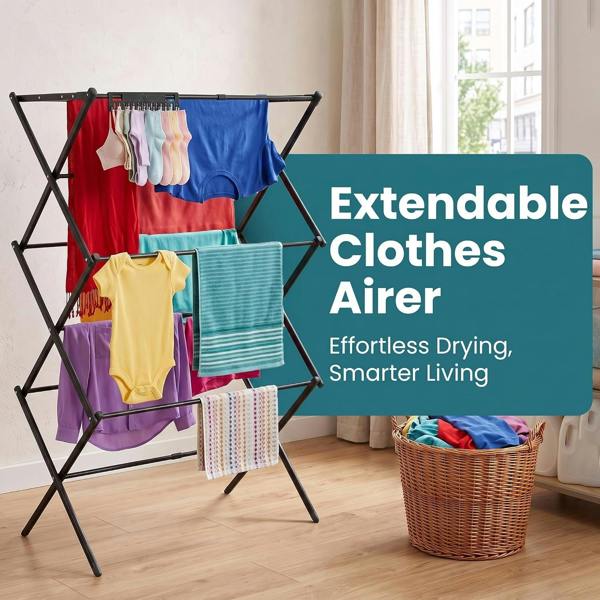 Laundry Mate Clothes Airer with Sock Clips - 3 Tier Space Saving Foldable Laundry Rack - Extends up to 71CM 11 Hanging Poles