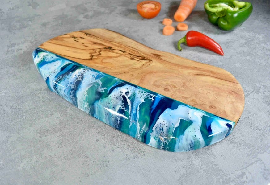 Cheese Board with Blue Green Resin Art 30cm - Unique Christmas Gift Ideas - Luxury Presents - Best Cheese Boards - Best Resin Artist