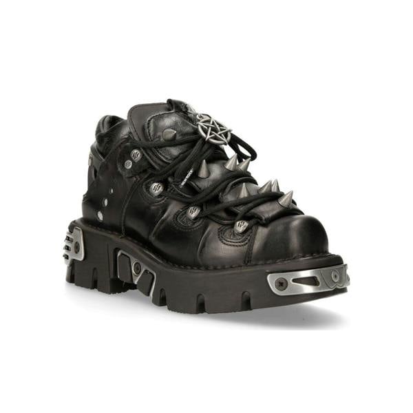 New Rock Black Leather Spiked Ankle Boots-110-S1