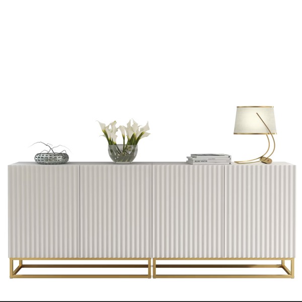 Mex Furniture Sophisticated White Sideboard with Fluted Fronts & Gold Legs – 200cm Storage Unit