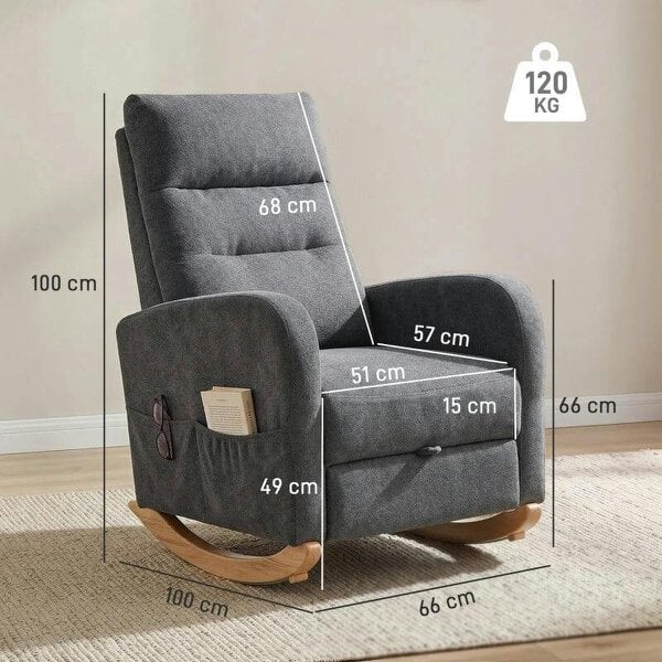 Upholstered Rocking Chair Retractable Footrest Rocker Chair High Back for Living Room Grey