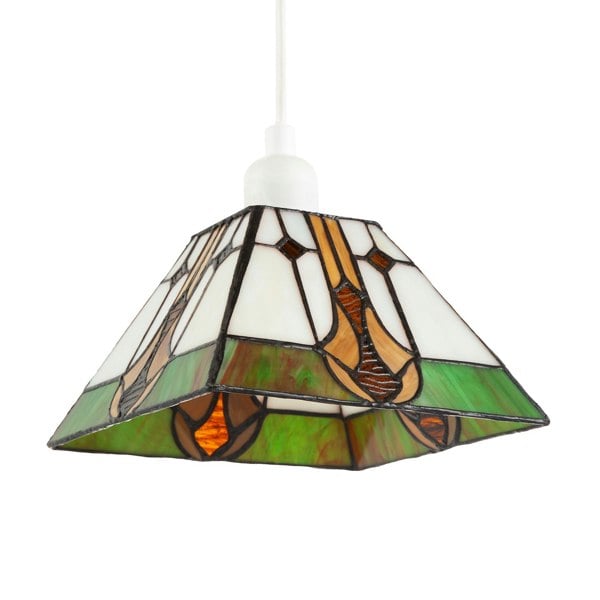 Designer Art Deco Tiffany Glass Pendant Light Shade in Green and Amber Image 1