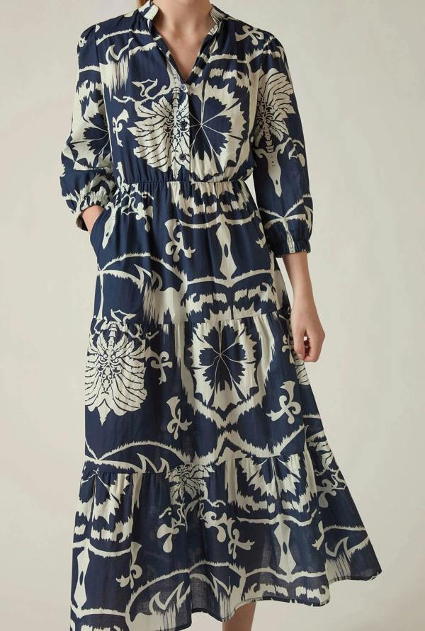 Close up detail of the navy and cream ornamental print fabric on the James Lakeland midi dress