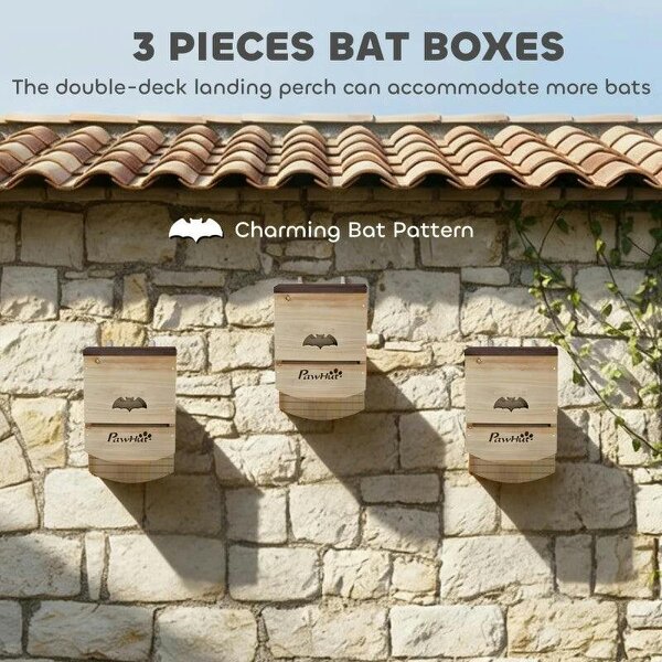 Bat Boxes, Pack of 3 Wooden Bat Houses for Outdoor, Garden, Farm, Easy to Hang, 23 x 9.5 x 36.5 cm, Natural