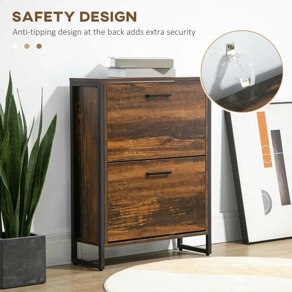 Rustic brown shoe cabinet with flip door and anti-tipping safety design on back