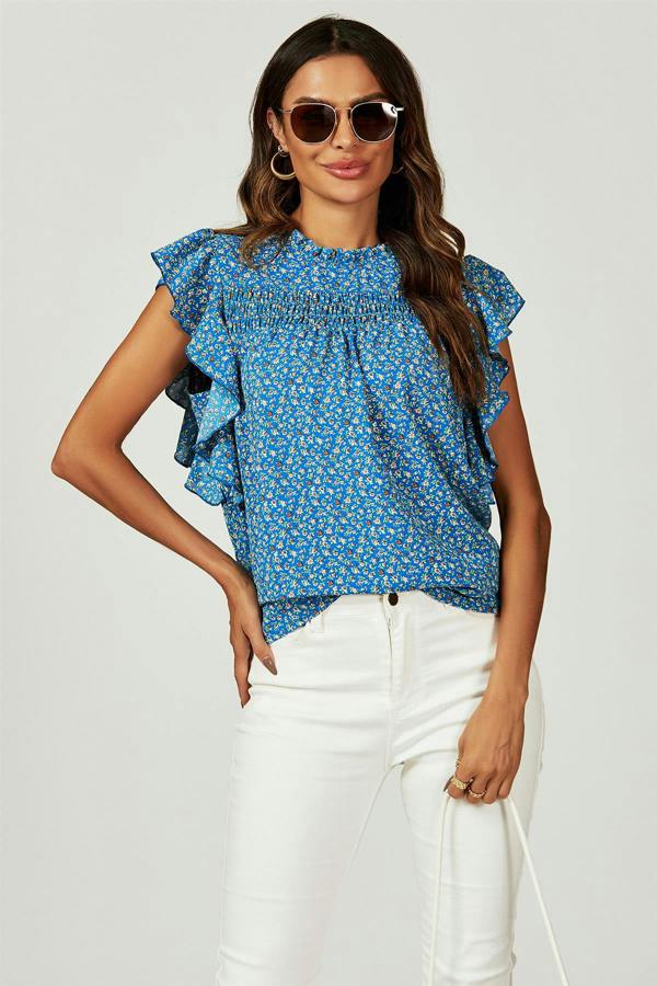 FS Collection Floral Print Frill Hem Short Sleeve Blouse Top In Blue