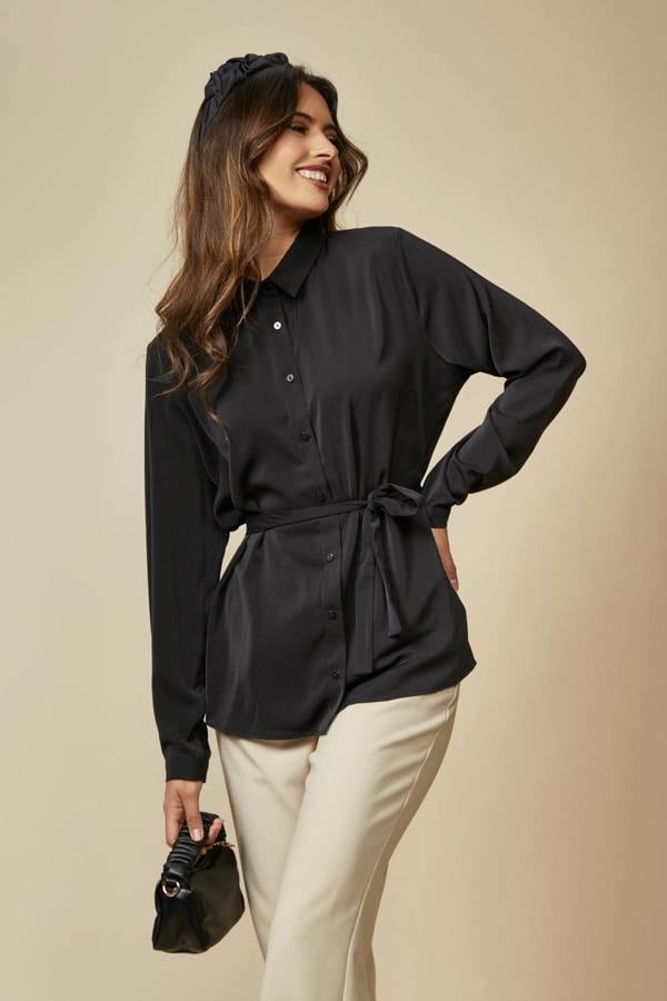 Hoxton Gal Oversized Belt Detailed Long Sleeves Shirt Top in Black