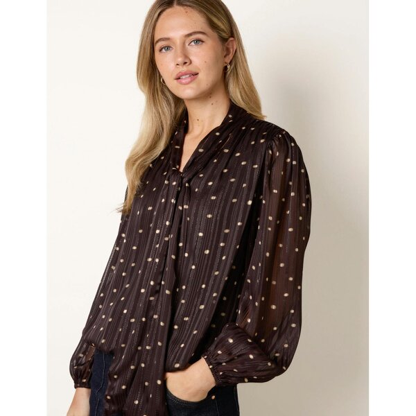 Blue Vanilla Metallic Polka Dot V Neck Tie Puff Ball Blouse