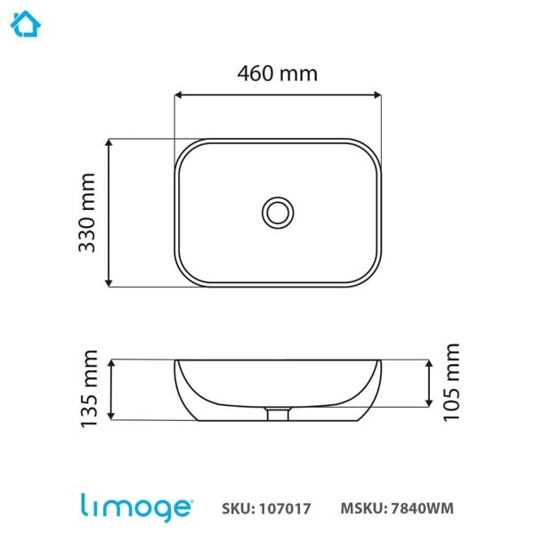 Limoge 7840 Ceramic Oblong Countertop Basin in White Marble Effect