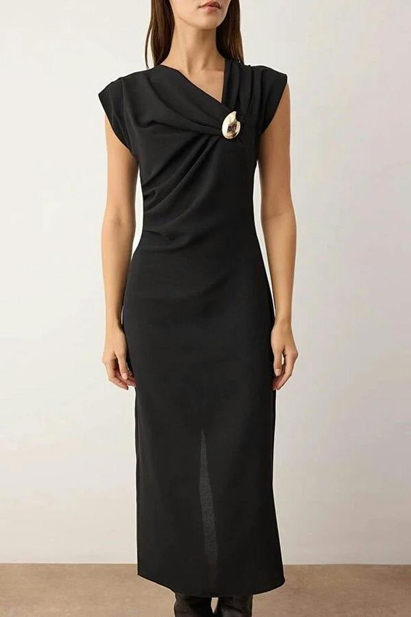 WOVCOR Midi Woven Dress with Accessory Details