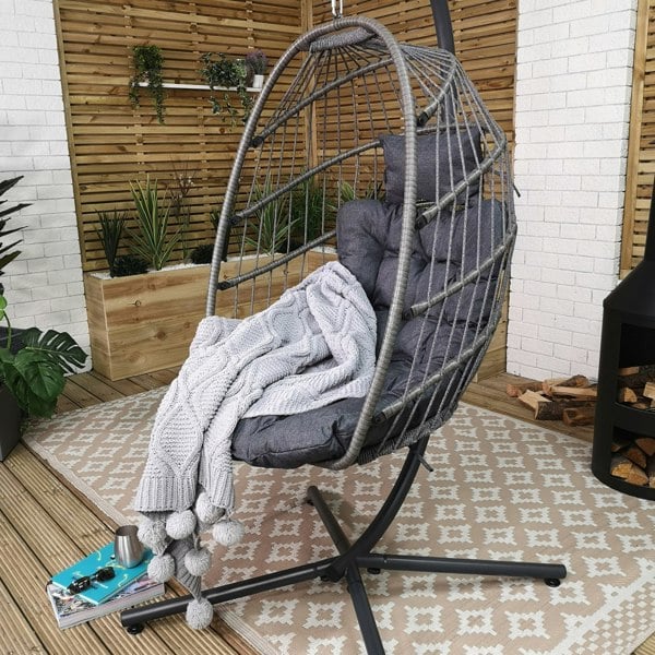 Samuel Alexander Hanging Egg Chair With Stand Waterproof Cover And Cushions Steel Frame Rattan Outdoor Swing Chair - Grey