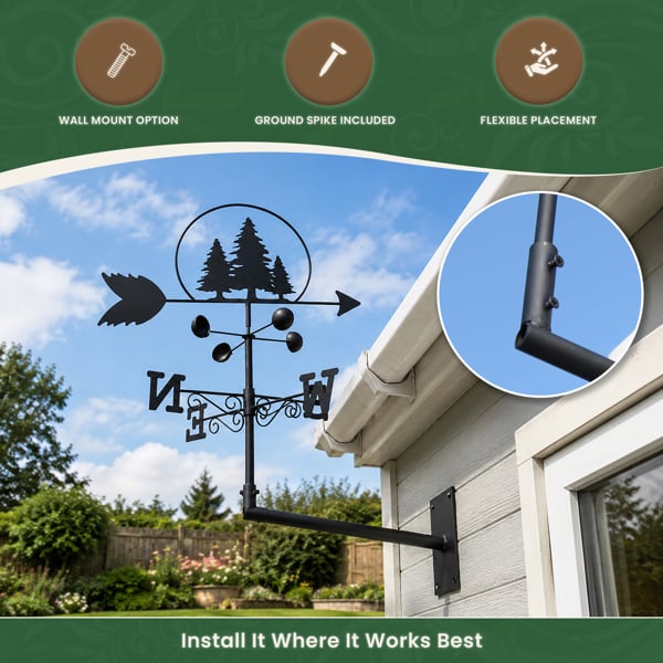 Trees Weathervane with Wind Speed Indicator Cups, All-Steel Black Finish, Wall Mount Fixings and 1.7m Ground Spike Option