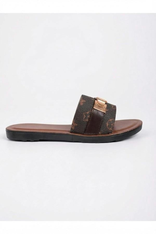 Amber Patterned Slider Sandals - Brown_wb