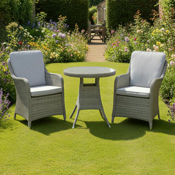hampton rattan 2 seat bistro set in dove grey with light grey cushions