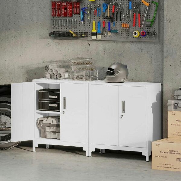 Lockable Metal Filing Cabinet, 2-Tier Storage Cupboard with Double Doors, Modern Office Organiser, White
