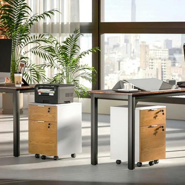 Two-drawer lockable filing cabinet with wood-effect fronts on caster wheels