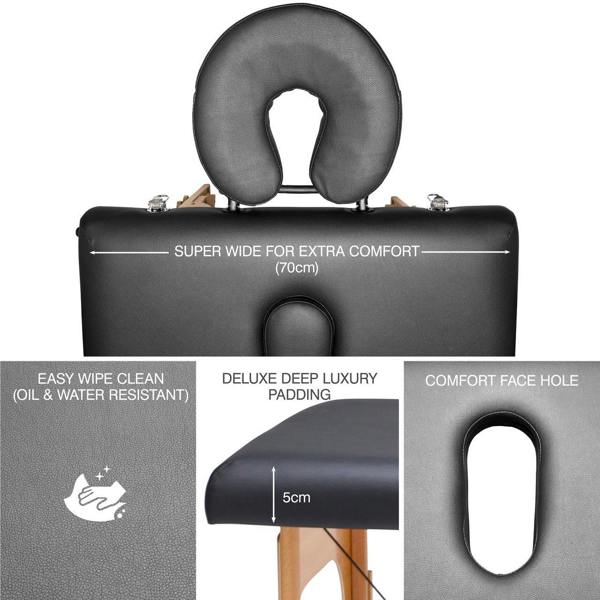 Collage of the Rio Professional Ultra-Light Portable Massage Table highlights its 70cm extra wide surface, comfort face hole, 5cm luxury padding, and an easy-clean oil and water-resistant cover—ideal for professional massage treatments.