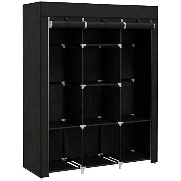 Black fabric wardrobe interior with hanging rail and multiple storage shelves, open front.