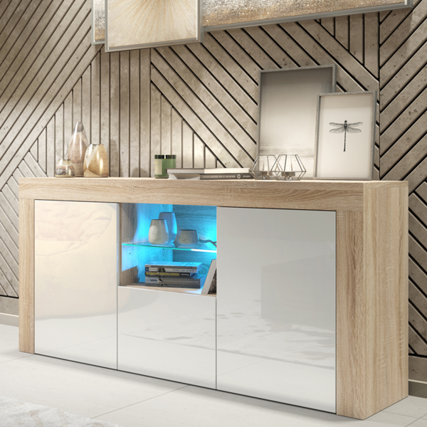 Mex Furniture 145cm Modern TV Unit, Cabinet Stand & , with White Gloss Doors & Free LED