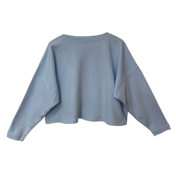 This is the back view of a loose round neck sweatshirt in baby blue silhouetted against a white background. The shoulders are dropped and the long sleeves end with a narrow rib at the cuff. The garment is cropped to the waist and has no band around the hem.