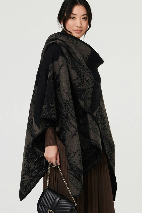 Grey | Border Print Oversized Poncho
