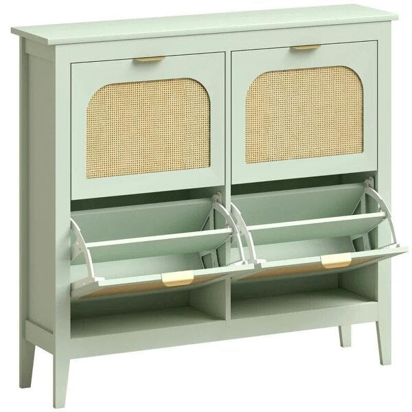Bobobiy Narrow Shoe Cabinet, Boho Slim Shoe Storage Cabinet with 4 Flip Drawers, Holds 20 Pairs, Light Green