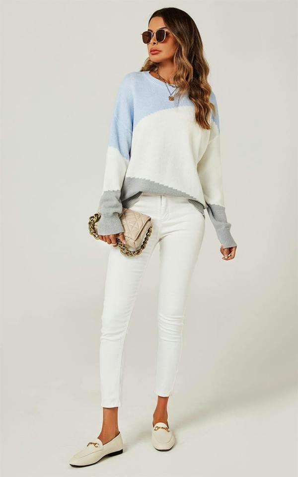 FS Collection Relaxed Grey & White Block Colour Jumper Top In Blue