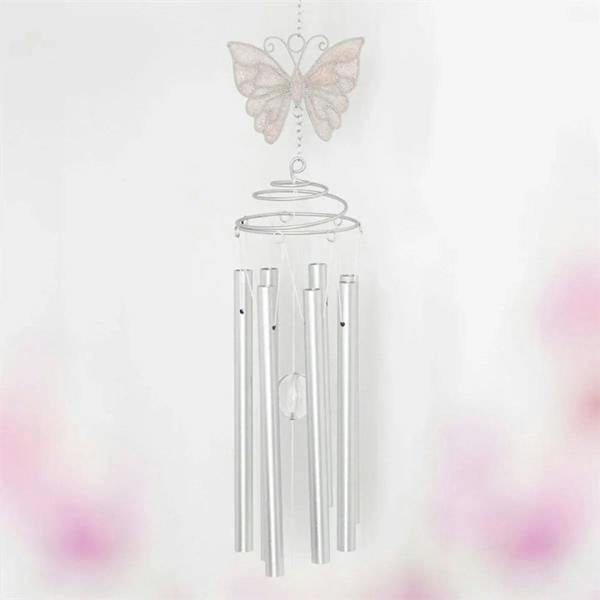 White butterfly metal wind chime with four hanging tubes and circular top frame
