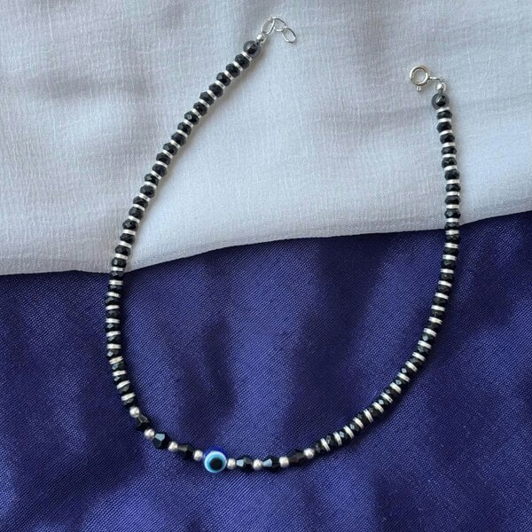 The Colourful Aura 925 Silver Black Beaded Evil Eye Nazar Payal Anklet