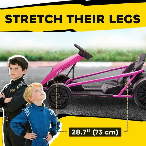 Pink kids electric go-kart side view showing pedal area, child standing beside