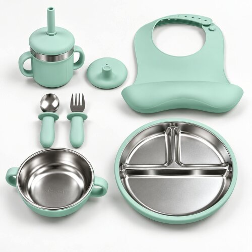 Maison des Cadeaux Set of 7 Baby Feeding & Weaning Set with Stainless Steel Plate, Bowl, Bib, Cup & Cutlery-Mint