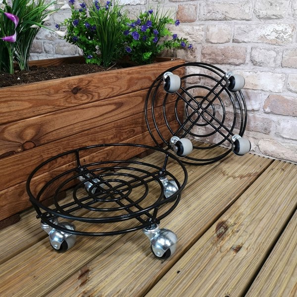 Samuel Alexander Pack of 2 Tom Chambers Handcrafted Heavy Duty Round Black Metal Plant Flower Pot Stands on Strong Metal Castor Wheels 32cm