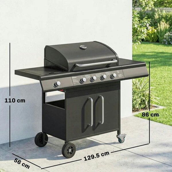 Bobobiy 4+1 Burner Gas BBQ Grill with Storage Cabinet, 15.2 kW Gas Barbecue Trolley with Side Table, 4 Wheels, Warming Rack