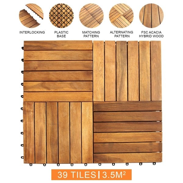 Interlocking wooden decking tiles in rich acacia wood, featuring alternating patterns and a durable plastic base, ideal for outdoor spaces