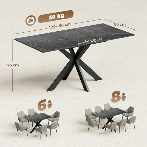 Extendable Dining Table Steel Cross Legs Steel Rails Space Saving Black